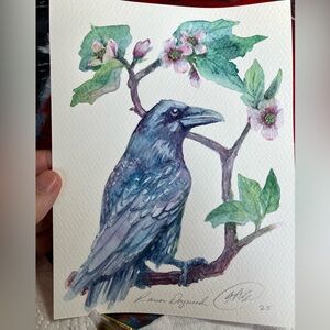 Original raven painting dogwood floral art watercolor bird blossoms Artettina